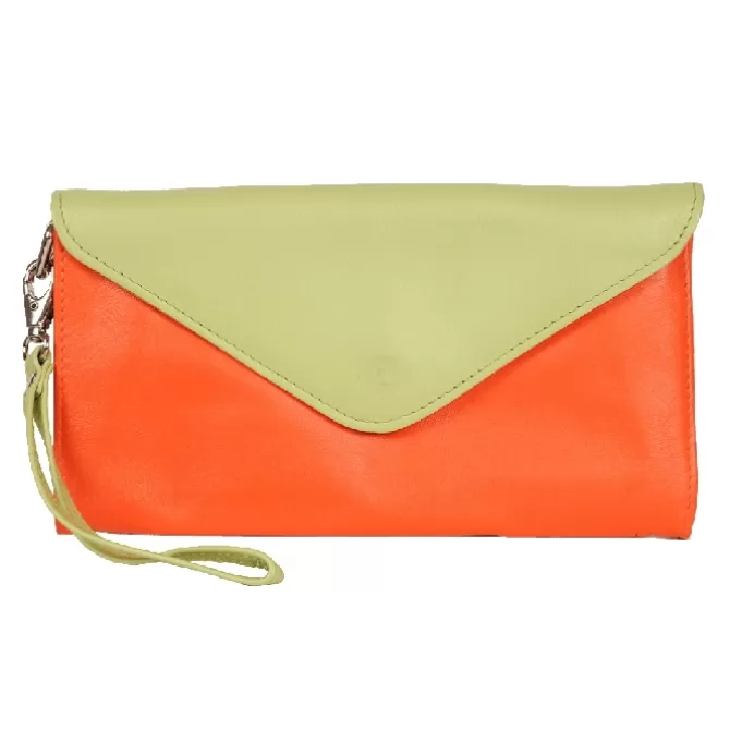 Store Pochette cuir orange et vert bicolore - Femme Pochette Cuir